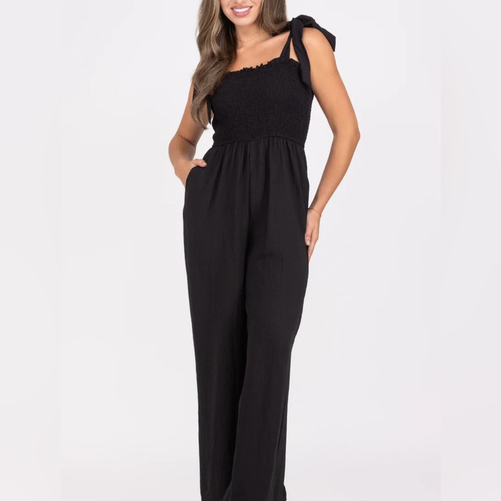 PRIVATE PAUSE Black Ruffle Top Jumpsuit with straps that tie on the top